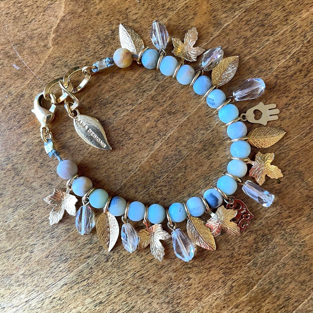 Sara Designs New York Green Stones Glass Charms Bracelet Gold Leaves Hamsa Hand